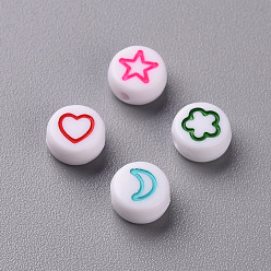 Couleur Mélangete Perles acryliques opaques blanches, plat rond avec coeur & fleur & lune & étoile, couleur mixte, 7x4mm, Trou: 1.6mm