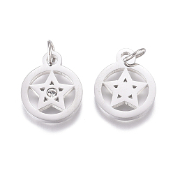 Real Platinum Plated 316 Surgical Stainless Steel Charms, with Micro Pave Cubic Zirconia and Jump Ring, Long-Lasting Plated, Pentacle, Clear, Real Platinum Plated, 15x12x1.5mm, Hole: 3.5mm