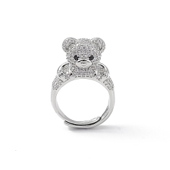 Platinum Cubic Zirconia Bear Adjustable Ring, Brass Jewelry for Women, Lead Free & Cadmium Free, Platinum, US Size 7 1/4(17.5mm)