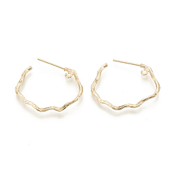 Real 18K Gold Plated Brass Stud Earring Findings, Half Hoop Earrings, with Loop, Nickel Free, Real 18K Gold Plated, 24.5x25x1.5mm, Hole: 1mm, Pin: 0.7mm