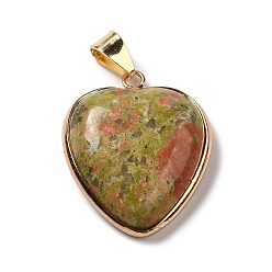 Unakite Natural Unakite Pendants, Heart Charms, with Golden Tone Iron and Brass Findings, 29x24~24.5x6~6.5mm, Hole: 7~7.3x3.8~4.3mm