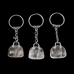 Cristal de cuarzo Llavero con colgante de bolsa de cristal de cuarzo natural., con fornituras de latón de tono platino, para decoración de regalo de joyería de bolso, 7.4 cm
