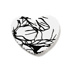 Black Printed Acrylic Pendants, Heart with Branches Pattern, Black, 26x31.5x2mm, Hole: 1.5mm
