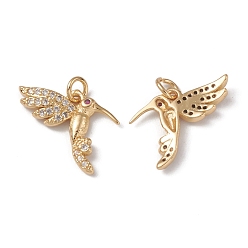 Real 18K Gold Plated Rack Plating Brass Micro Pave Cubic Zirconia Charms, Hummingbird, Cadmium Free & Lead Free, with Jump Ring, Real 18K Gold Plated, 14x15x2mm, Hole: 0.9mm
