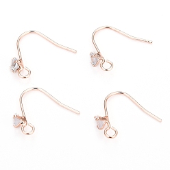Real Rose Gold Plated Brass Earring Hooks, Ear Wire, with Clear Cubic Zirconia and Horizontal Loop, Long-Lasting Plated, Real Rose Gold Plated, 16mm, 20 Gauge, Pin: 0.8mm