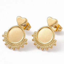 Real 18K Gold Plated Ion Plating(IP) 304 Stainless Steel Stud Earring Findings, Heart with Round Tray Earring Settings, with Ear Nuts, Real 18K Gold Plated, 17x14mm, Pin: 0.6mm, Tray: 8mm