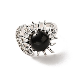 Obsidienne Anneaux de manchette ouverts soleil et lune en obsidienne naturelle, bijoux en laiton platine pour femme, sans plomb et sans cadmium, diamètre intérieur: 17~18 mm