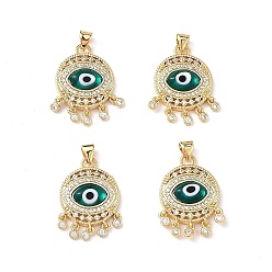 Dark Green Lampwork Evil Eye Pendants with Colorful Cubic Zirconia, Real 18K Gold Plated Brass Findings, Lead Free & Cadmium free, Dark Green, 25x18x5mm, Hole: 4x3.5mm