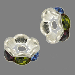 Colorful Brass Rhinestone Spacer Beads, Grade AAA, Wavy Edge, Nickel Free, Silver Metal Color, Rondelle, 6x3mm, Hole: 1mm