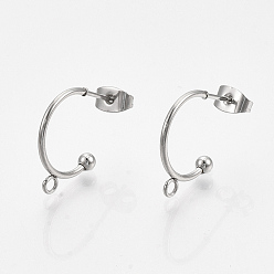Stainless Steel Color 304 Stainless Steel Stud Earring Findings, Half Hoop Earrings, with Loop and Ear Nuts/Earring Backs, Stainless Steel Color, 18x19x3mm, Hole: 1.6mm, Pin: 0.8mm