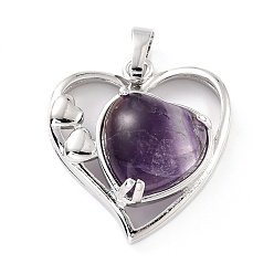 Amethyst Natural Amethyst Pendants, with Platinum Tone Brass Findings, Cadmium Free & Lead Free, Heart, Valentine's Day, 28x26x5mm, Hole: 8x5mm