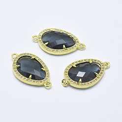 Black Brass Micro Pave Cubic Zirconia Links, with Glass, Faceted, Teardrop, Golden, Black, 28x16x4.5mm, Hole: 1.6mm