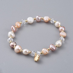 Seashell Color Charm Bracelets, with Natural Cultured Freshwater Pearl Beads, Glass Beads, Brass Round Spacer Beads and Brass Pendants, Cross, with Burlap Bags, Seashell Color, 2-1/8 inch(5.3cm)
