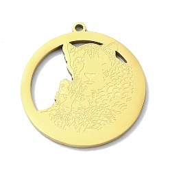 Золотой 201 подвески из нержавеющей стали, лазерная резка, плоский круглый с подвеской в виде леопарда, золотые, 27x25x1 мм, отверстие : 1.5 мм