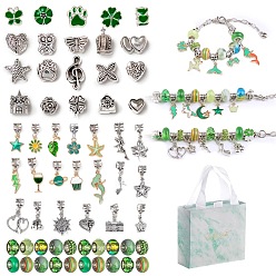 Verde Kits de fabricación de pulseras europeas de aleación de bricolaje, incluyendo abalorios europeos de aleación y resina, encantos europeos colgantes de esmalte de aleación, caja de papel, verde