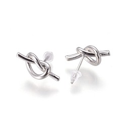 Platinum Brass Stud Earrings, with Plastic Ear Nuts, Long-Lasting Plated, Knot, Platinum, 8x17x4mm, Pin: 0.7mm