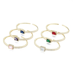 Couleur Mélangete Bracelet manchette ouvert rectangle zircone cubique, bijoux en laiton plaqué or véritable 18k pour femmes, couleur mixte, diamètre intérieur: 1-3/4x2-1/4 pouce (4.6x5.6 cm)