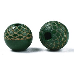 Vert Foncé Perles de bois naturel peintes, motif gravé au laser, ronde, vert foncé, 10x9mm, Trou: 2.5mm