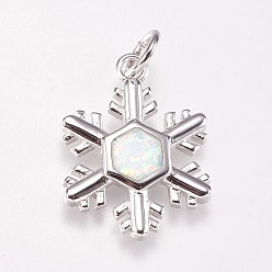Light Yellow Brass Pendants, with Synthetic Opal, Snowflake, Platinum, Light Yellow, 20.5x15.5x2mm, Hole: 4mm