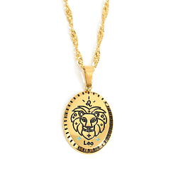 Lion Collier pendentif ovale avec constellation en émail, or 201 bijoux en acier inoxydable pour femmes, leo, 15.75 pouce (40 cm)