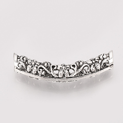 Antique Silver Tibetan Style Alloy Tube Beads, Curved Tube Noodle Beads, Cadmium Free & Lead Free, Curved Tube with Flower, Antique Silver, 32x6mm, Hole: 3mm, about 340pcs/1000g