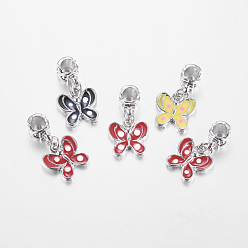 Mixed Color Alloy European Dangle Charms, Enamel, Butterfly, Platinum Metal Color, Mixed Color, Size: about 14mm wide, 26mm long, hole: 4.5mm