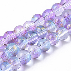 Plum Transparent Spray Painted Glass Bead Strands, with Golden Foil, Round, Plum, 6~7mm, Hole: 1.2~1.5mm, about 65~67pcs/Strand, 14.76 inch~15.12 inch(37.5~38.4cm)