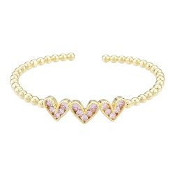 Pearl Pink Cubic Zirconia Triple Heart Open Cuff Bangle, Real 18K Gold Plated Brass Jewelry for Women, Pearl Pink, Inner Diameter: 1-7/8x2-1/8 inch(4.9x5.5cm)