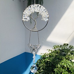 Opalite Glass Teardrop Pendant Decoration, Hanging Suncatchers, with Opalite Chip Tree of Life, for Window Home Garden Decoration, Butterfly, 370mm