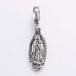 Antique Silver 304 Stainless Steel European Dangle Charms, Large Hole Pendants, Virgin Mary, Antique Silver, 35mm, Hole: 5mm, Pendant: 23x10x2.5mm