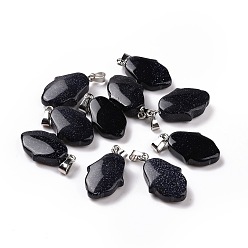 Blue Goldstone Synthetic Blue Goldstone Pendants, Hamsa Hand Charms, with Platinum Plated Alloy Snap on Bails, 24~24.5x15x7mm, Hole: 5.5x3mm