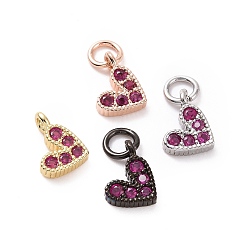 Hot Pink Brass Micro Pave Cubic Zirconia Charms, Long-Lasting Plated, Lead Free & Nickel Free & Cadmium Free, Heart, Hot Pink, Mixed Color, 9.5x6.5x2mm, Hole: 1mm.