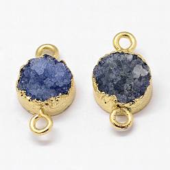 Royal Blue Electroplated Natural & Dyed Druzy Agate Links connectors, with Golden Plated Brass Findings, Flat Round, Royal Blue, 16~18x10~10.5x6~7mm, Hole: 2mm