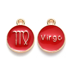Virgo Alloy Enamel Pendants, Flat Round with Constellation, Light Gold, Red, Virgo, 15x12x2mm, Hole: 1.5mm, 50pcs/Box