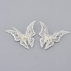 Silver Brass Links connectors, with Crystal Rhinestone, Butterfly, Silver Color Plated, 35x41x7mm, Hole: 1.2mm