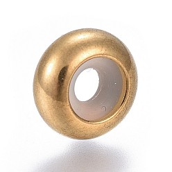 Golden 304 Stainless Steel Beads, with Rubber Inside, Slider Beads, Stopper Beads, Rondelle, Golden, 10x4.5mm, Hole: 5mm, Rubber Hole: 3mm