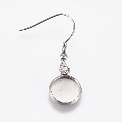 Stainless Steel Color Stainless Steel Dangle Earrings, Cabochon Settings, Flat Round, Stainless Steel Color, Tray: 10mm, Pendant: 15x11.5x2mm, 35.5mm, 21 Gauge, Pin: 0.7mm