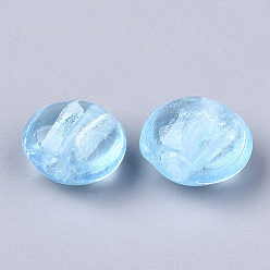 Azul Cielo Perlas de vidrio de murano hoja de plata hecho a mano, plano y redondo, luz azul cielo, 12~13.5x11.5~13.5x7.5~8.5 mm, agujero: 1~2 mm