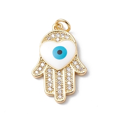 Real 18K Gold Plated Rack Plating Brass Micro Pave Clear Cubic Zirconia Pendants, with Enamel Heart & Jump Ring, Lead Free & Cadmium Free, Long-Lasting Plated, Hamsa Hand with Evil Eye Charm, Real 18K Gold Plated, 66x25.5x3mm, Hole: 3mm