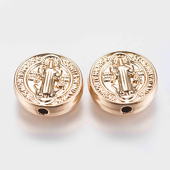 Golden Brass Beads, Long-Lasting Plated, Flat Round with Santa Virgen, Golden, 10x3mm, Hole: 1mm