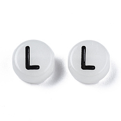 Letter L Acrylic Beads, with Enamel and Luminous, Horizontal Hole, Flat Round with Black Letter, Glow in the Dark, Light Grey, Letter.L, 7x3.5mm, Hole: 1.5mm, about 3600~3700pcs/500g