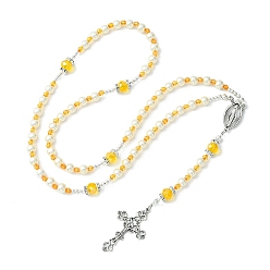Yellow Glass Pearl Rosary Bead Necklace, Alloy Cross & Virgin Mary Pendant Necklace, Yellow, 24.41 inch(62cm)