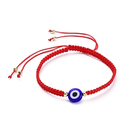 Blue Adjustable Nylon Thread Braided Bead Bracelets, with Handmade Evil Eye Lampwork Beads and Brass Beads, Blue, Inner Diameter: 2-1/2 inch~4-1/8 inch(6.5~10.5cm)