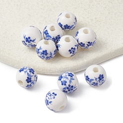 Bleu Perles en porcelaine manuelles, porcelaine bleue et blanche , ronde avec des fleurs, bleu, 10mm, Trou: 2mm