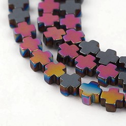 Plaqué Multicolore Galvaniques perles d'hématite synthétique non magnétique brins, croix, multi-couleur plaquée, 4x4x2mm, Trou: 0.6mm, Environ 98 pcs/chapelet, 16.14 pouce (41 cm)