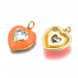 Orange Foncé Laiton émail pendentifs, avec zircone cubique transparente et anneau de saut, sans nickel, réel 16 k plaqué or, cœur, orange foncé, 17.5x15.5x4.5mm, Trou: 3.5mm