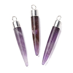 Amethyst Natural Amethyst Brass Pendants, Cadmium Free & Lead Free, Bullet Shaped, Silver Color Plated, 33~37x4~5mm, Hole: 2mm