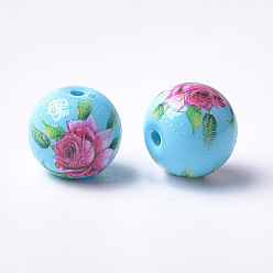 Light Sky Blue Printed & Spray Painted Glass Beads, Round with Flower Pattern, Light Sky Blue, 8~8.5x7.5mm, Hole: 1.4mm