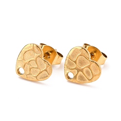Real 18K Gold Plated Ion Plating(IP) 304 Stainless Steel Stud Earring Findings, with Ear Nuts, Textured Heart, Real 18K Gold Plated, 12x9mm, Hole: 1.4mm, Pin: 0.7mm