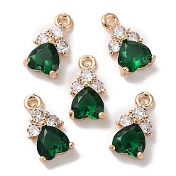 Emerald K9 Glass Charms, with Light Gold Tone Brass Findings and Rhinestone, Heart Charms, Emerald, 13x7x4mm, Hole: 1.2mm